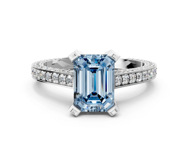 Platinum Fancy Blue Emerald Cut Brilliant Split Shank Pave Solitaire Ring with Four-Prong Setting