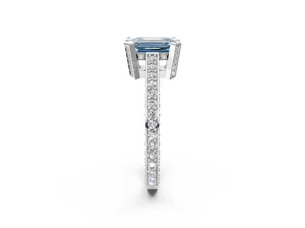 Platinum Fancy Blue Emerald Cut Brilliant Split Shank Pave Solitaire Ring with Four-Prong Setting