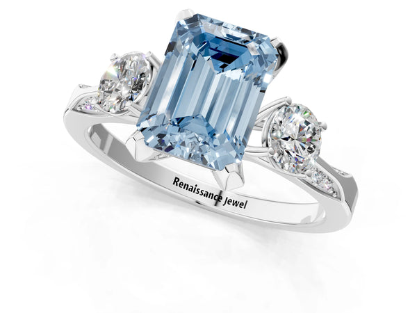 Platinum Emerald Cut Three Stone Hidden Halo Engagement Ring Setting for Fancy Blue Center