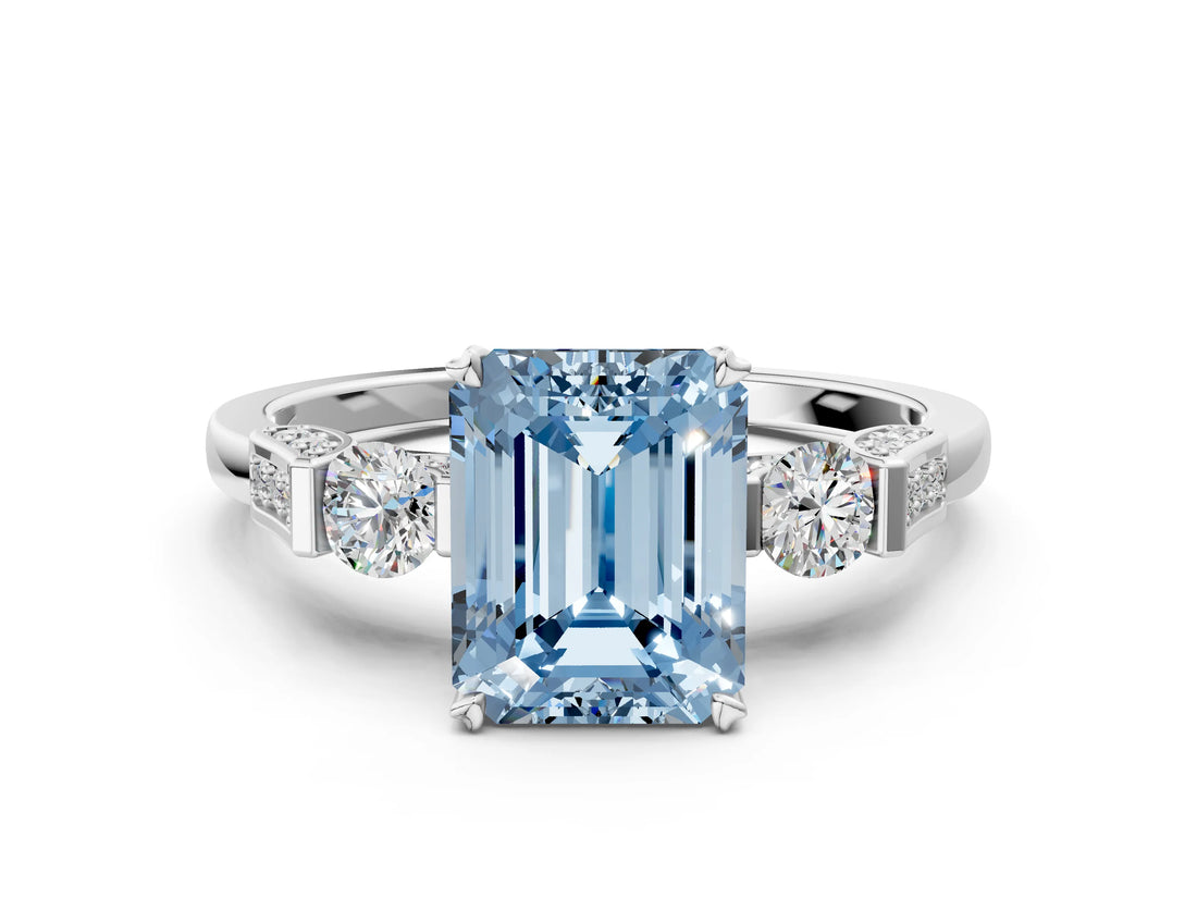 Platinum Fancy Blue Emerald Cut Brilliant Three-Stone Pave Band with Four-Prong Setting_6