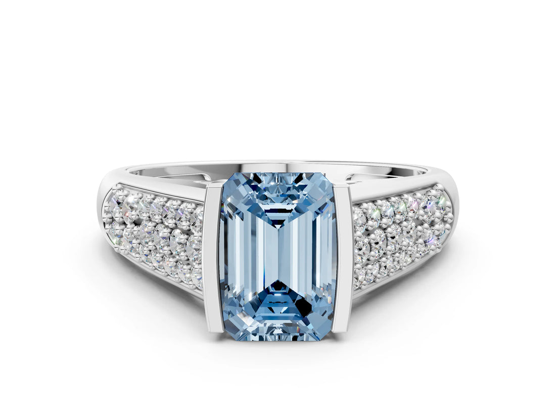 Platinum Fancy Blue Emerald Cut Cut Diamond Channel Set Pave Band with Tension Prong Setting_6