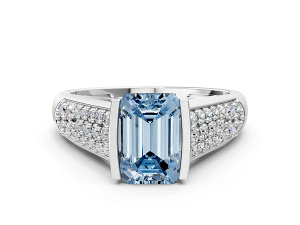 Platinum Fancy Blue Emerald Cut Diamond Channel Set Pave Band with Tension Prong Setting