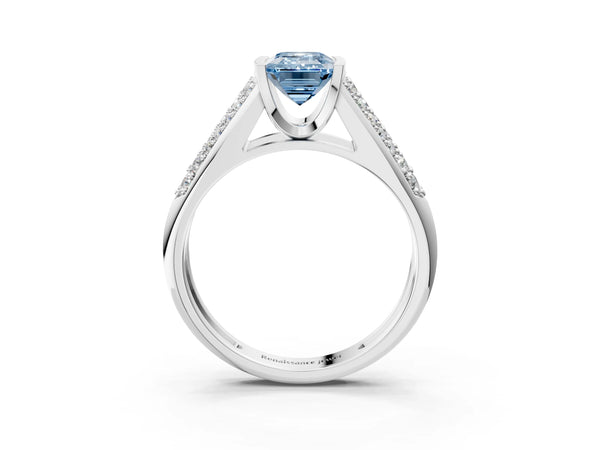 Platinum Fancy Blue Emerald Cut Diamond Channel Set Pave Band with Tension Prong Setting