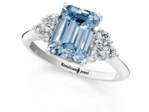 Platinum Fancy Blue Emerald Cut Cut Diamond Cluster Ring with Solitaire Band and Four-Prong Setting_61