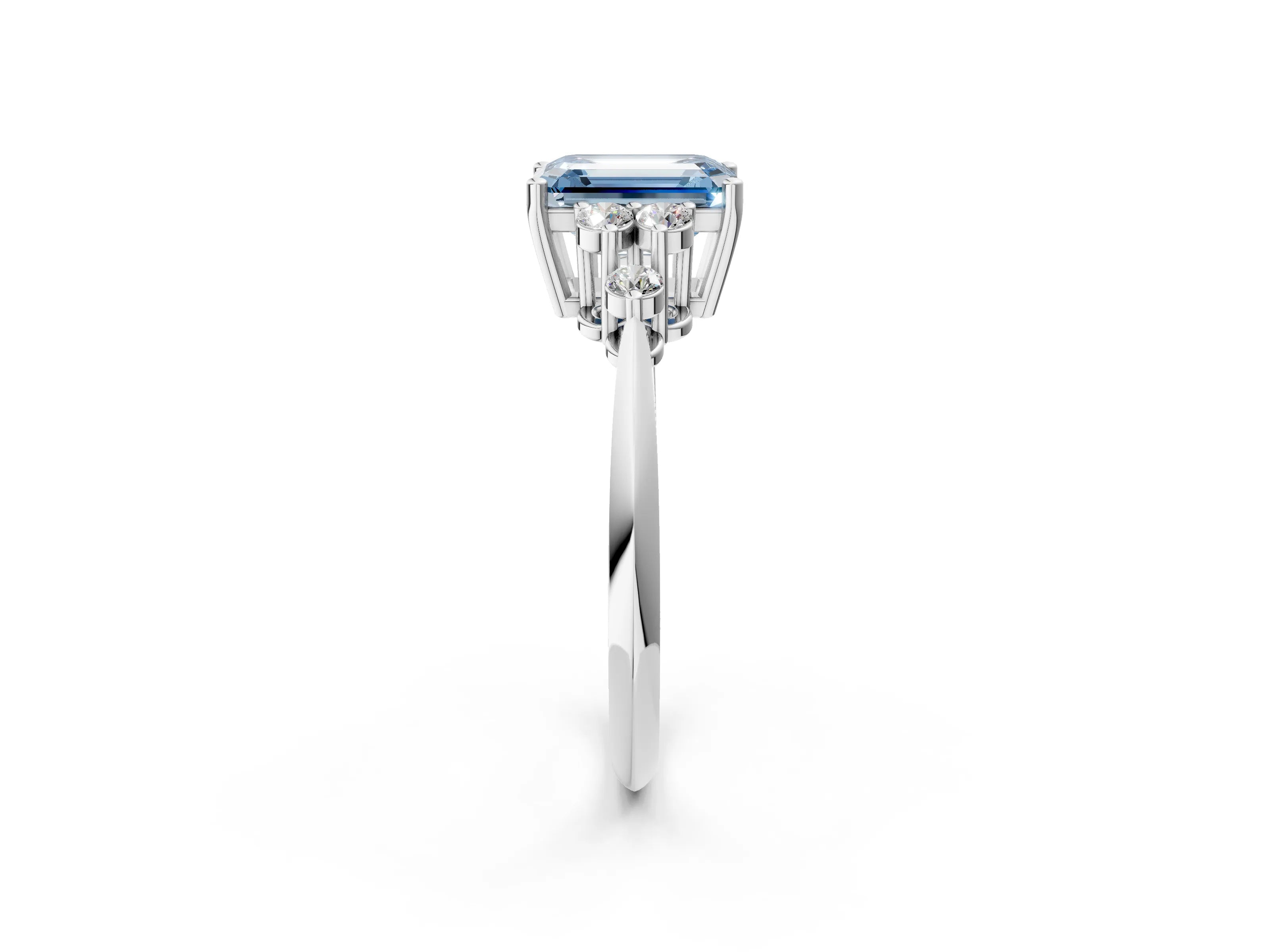 Platinum Fancy Blue Emerald Cut Cut Diamond Cluster Ring with Solitaire Band and Four-Prong Setting_62