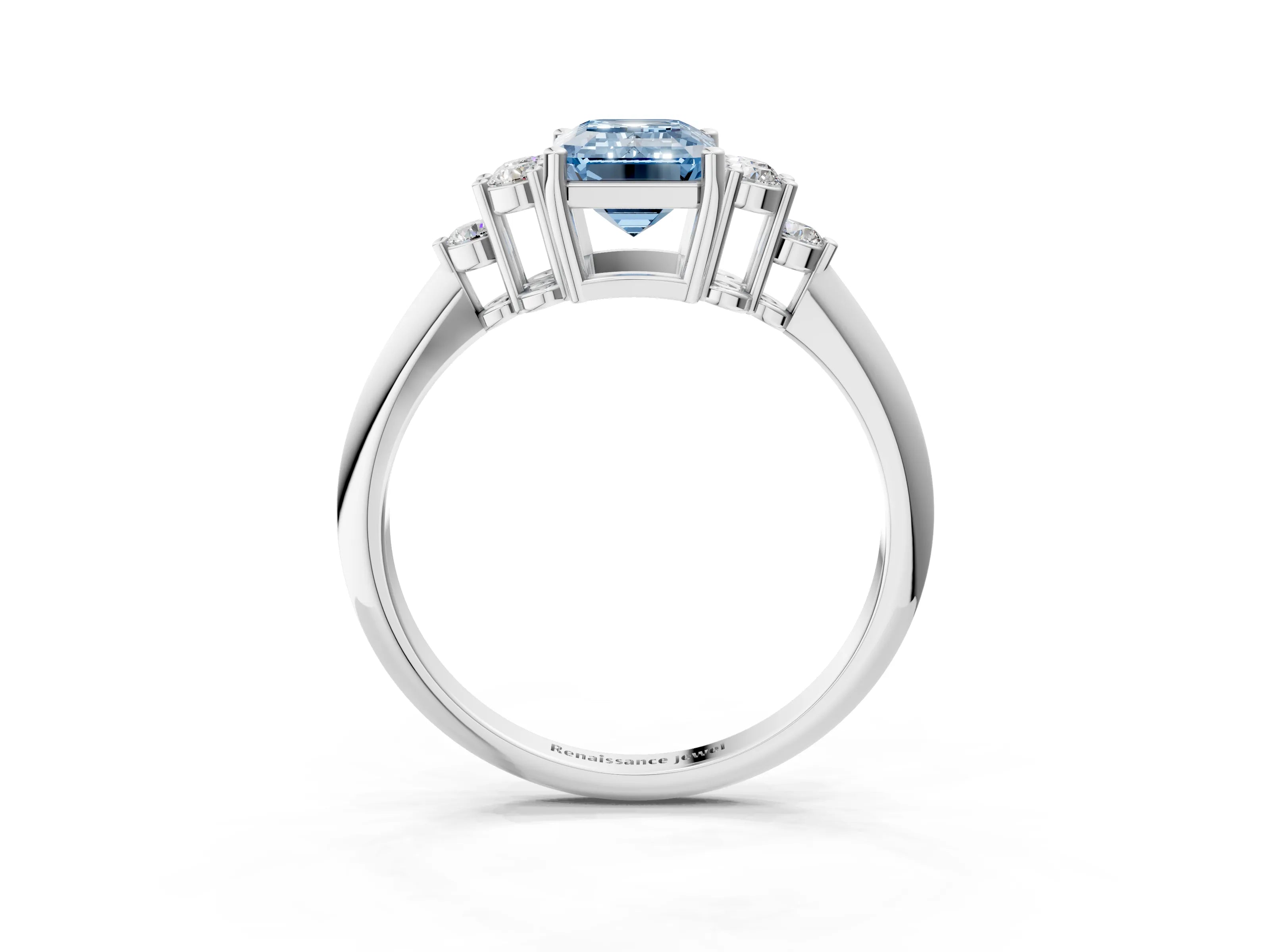 Platinum Fancy Blue Emerald Cut Cut Diamond Cluster Ring with Solitaire Band and Four-Prong Setting_63