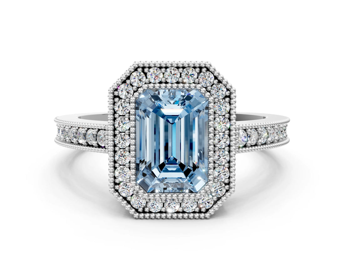 Platinum Fancy Blue Emerald Cut-Cut Diamond Halo Engagement Ring with Pave Band and Prong Setting_12