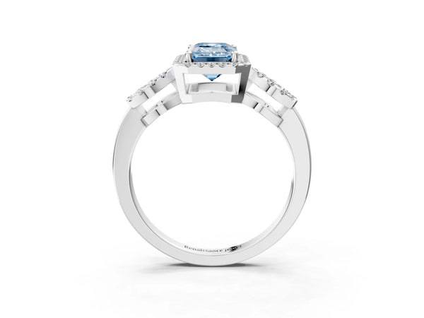 Platinum Emerald Cut Pave Infinity Halo Engagement Ring Setting for Fancy Blue Center