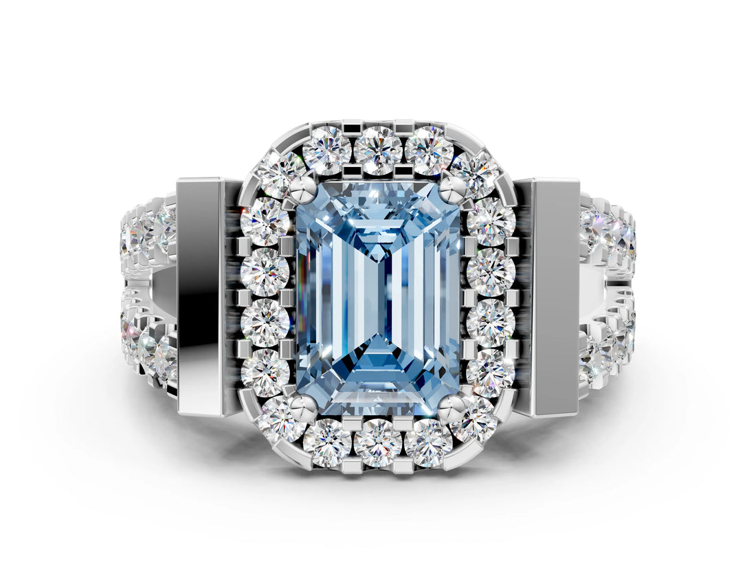 Platinum Fancy Blue Emerald Cut Cut Halo Split Shank Prong Set Ring_6