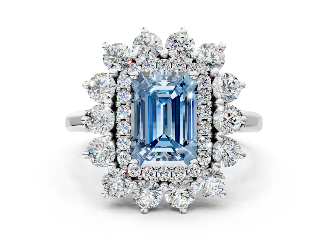 Platinum Fancy Blue Emerald Cut Diamond Floral Double Halo Engagement Ring with Prong Setting_133