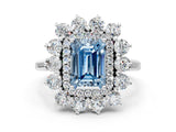 Platinum Fancy Blue Emerald Cut Diamond Floral Double Halo Engagement Ring with Prong Setting_133