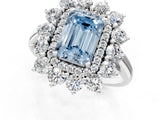 Platinum Fancy Blue Emerald Cut Diamond Floral Double Halo Engagement Ring with Prong Setting_32