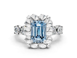Platinum Fancy Blue Emerald  Cut Diamond Floral Halo Engagement Ring with Shared Prong Setting 1