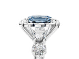 Platinum Fancy Blue Emerald  Cut Diamond Floral Halo Engagement Ring with Shared Prong Setting