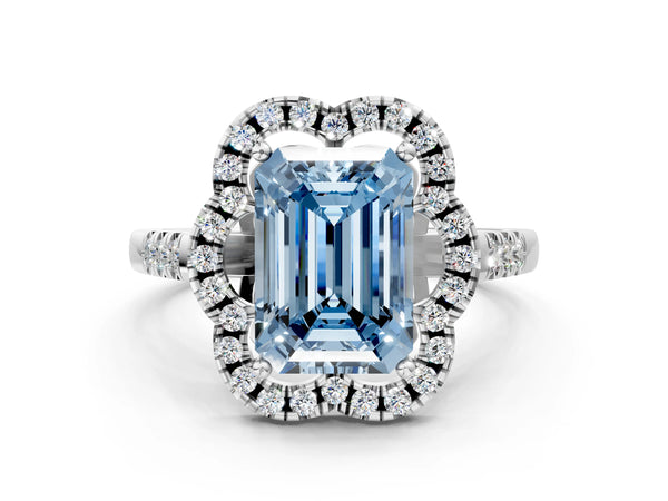 Platinum Fancy Blue Emerald Cut Diamond Floral Halo Split Shank Prong Setting Ring