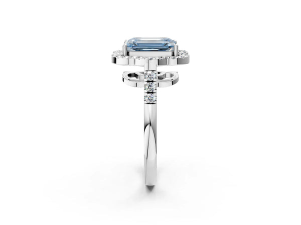 Platinum Fancy Blue Emerald Cut Diamond Floral Halo Split Shank Prong Setting Ring