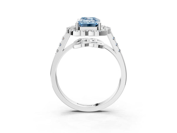 Platinum Fancy Blue Emerald Cut Diamond Floral Halo Split Shank Prong Setting Ring