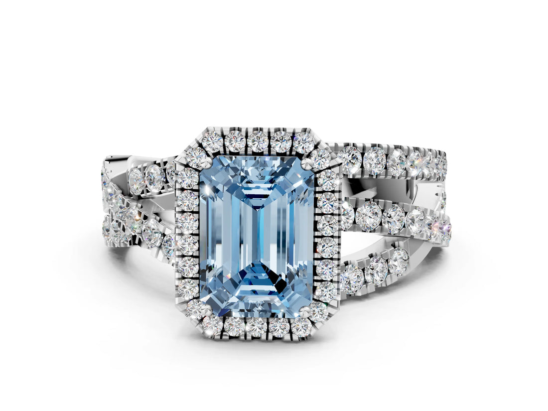 Platinum Fancy Blue Emerald Cut Diamond Halo Ring with Round Split Shank and Prong Setting