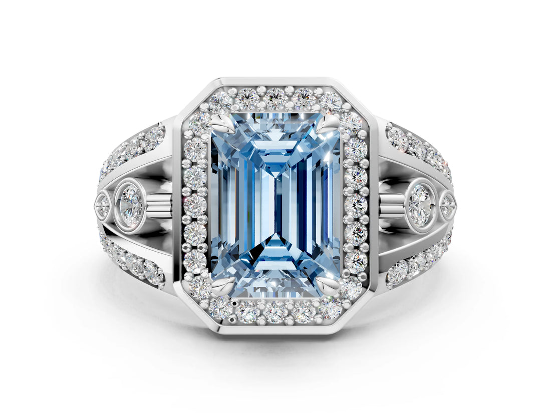 Platinum Fancy Blue Emerald Cut Diamond Halo Ring with Split Shank and Bezel Accents and Four-Prong Setting_6