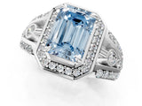 Platinum Fancy Blue Emerald Cut Diamond Halo Ring with Split Shank and Bezel Accents and Four-Prong Setting_7