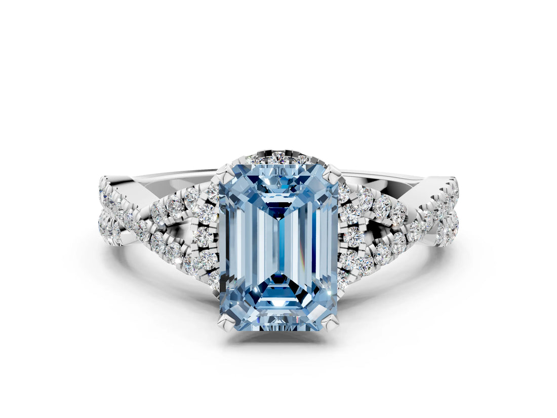 Platinum Fancy Blue Emerald Cut Diamond  Halo Twist Band Solitaire Prong Setting Ring_12