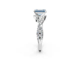 Platinum Fancy Blue Emerald Cut Diamond  Halo Twist Band Solitaire Prong Setting Ring_14