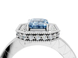 Platinum Fancy Blue Emerald Cut Diamond Milgrain Halo Engagement Ring with Round Pavé Band and Prong Setting_16