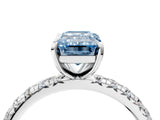 Platinum Fancy Blue Emerald Cut Diamond Pavé Solitaire Ring with Round Band and Prong Setting_4