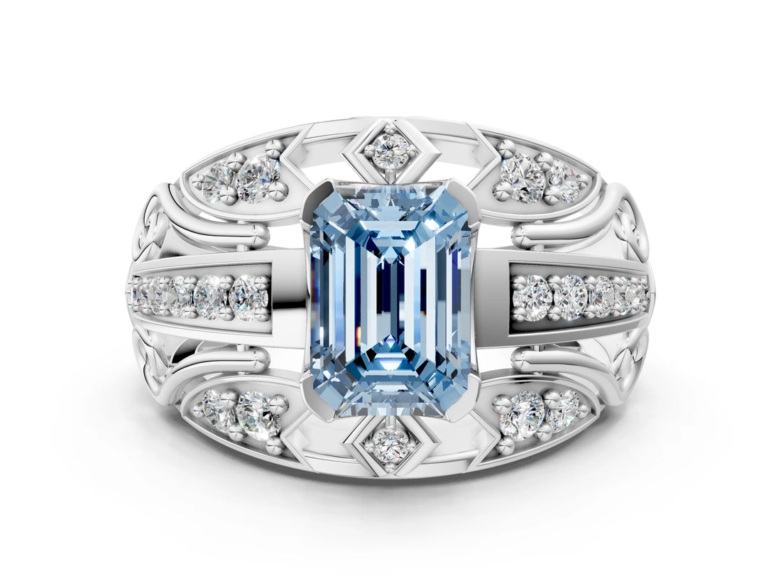 Platinum Fancy Blue Emerald Cut Diamond Pave Art Deco Split Shank Ring with Four-Prong Setting_6