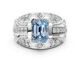 Platinum Fancy Blue Emerald Cut Diamond Pave Art Deco Split Shank Ring with Four-Prong Setting_6