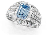 Platinum Fancy Blue Emerald Cut Diamond Pave Art Deco Split Shank Ring with Four-Prong Setting_7