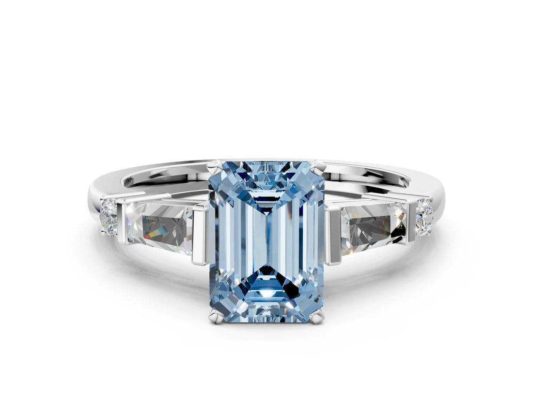 Platinum Fancy Blue Emerald  Cut Diamond Ring with Baguette Side Stones, Channel Set Band, and Four-Prong Setting_24