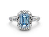 Platinum Fancy Blue Emerald Cut Diamond Scalloped Halo Engagement Ring with Round Shared Prong Band_6