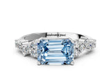 Platinum Fancy Blue Emerald Cut Diamond Scattered Round Accent Ring with Prong Setting