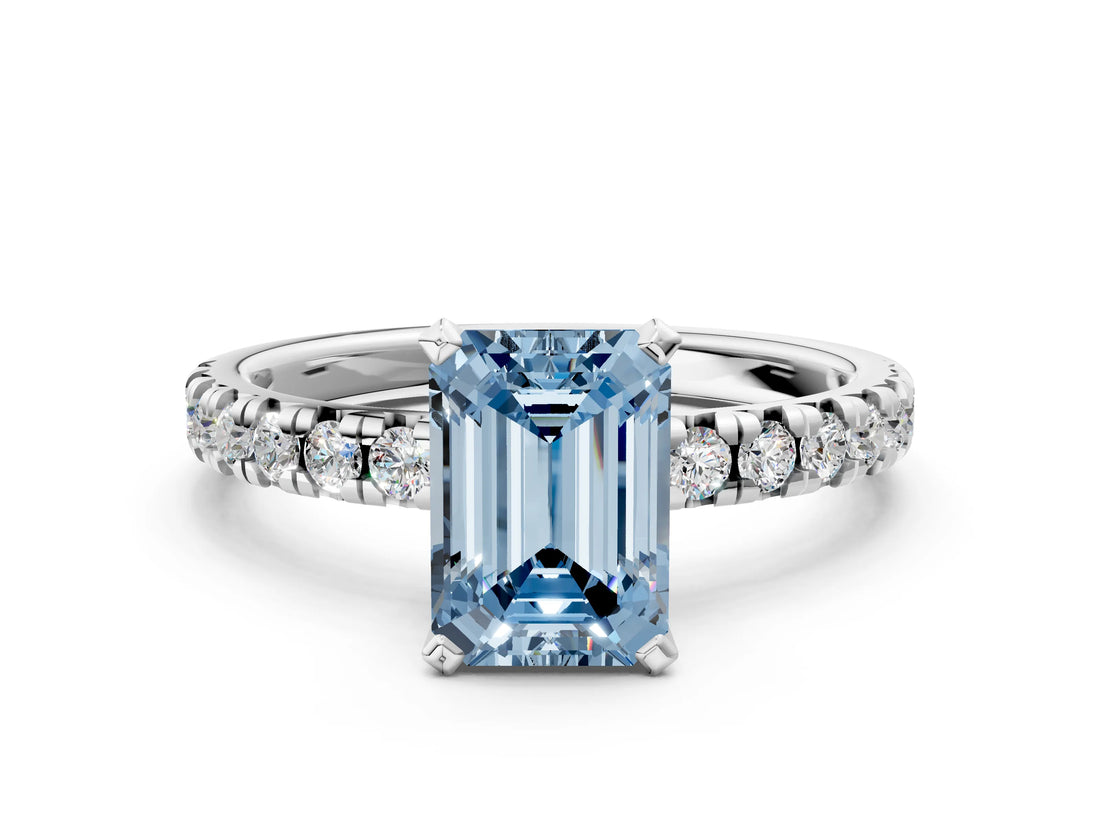 Platinum Fancy Blue Emerald Cut Diamond Solitaire Pavé Engagement Ring with Round Band and Prong Setting_2