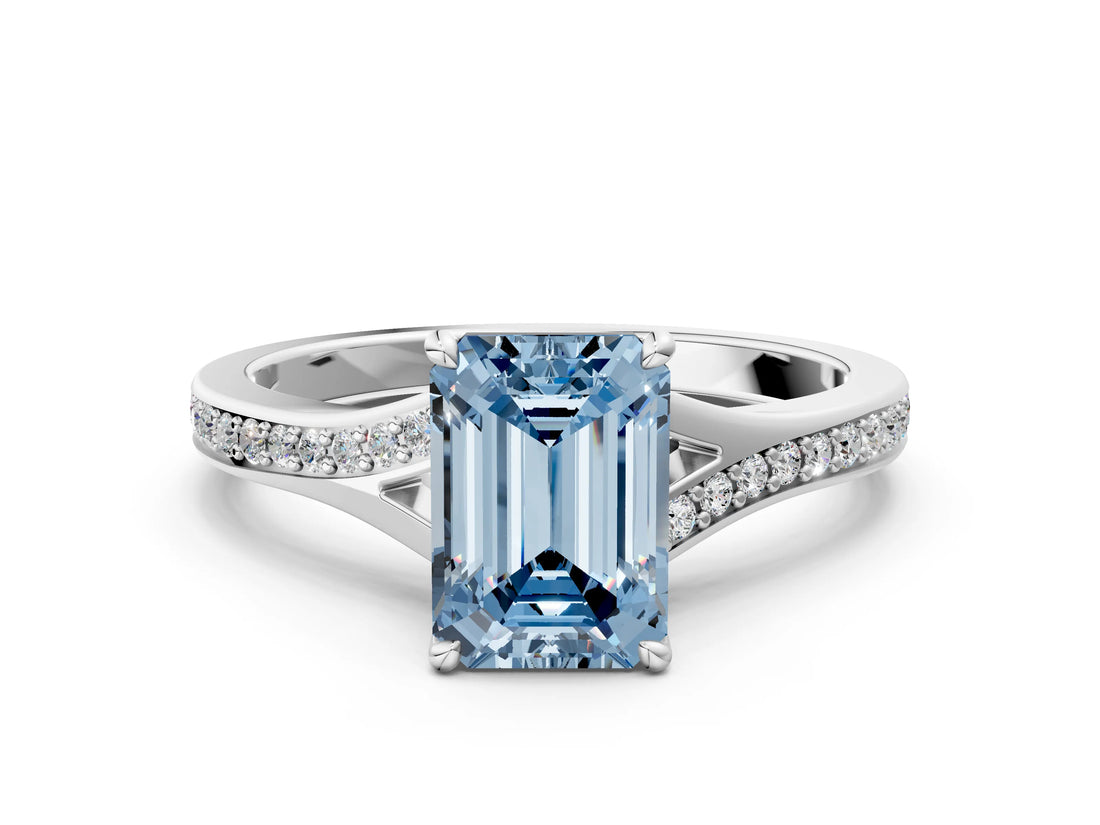 Platinum Fancy Blue Emerald Cut Diamond Solitaire Ring with Pavé Band and Prong Setting_12