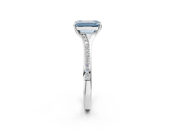 Platinum Emerald Cut Pave Solitaire Engagement Ring Setting for Fancy Blue Center with Sweeping Shoulders