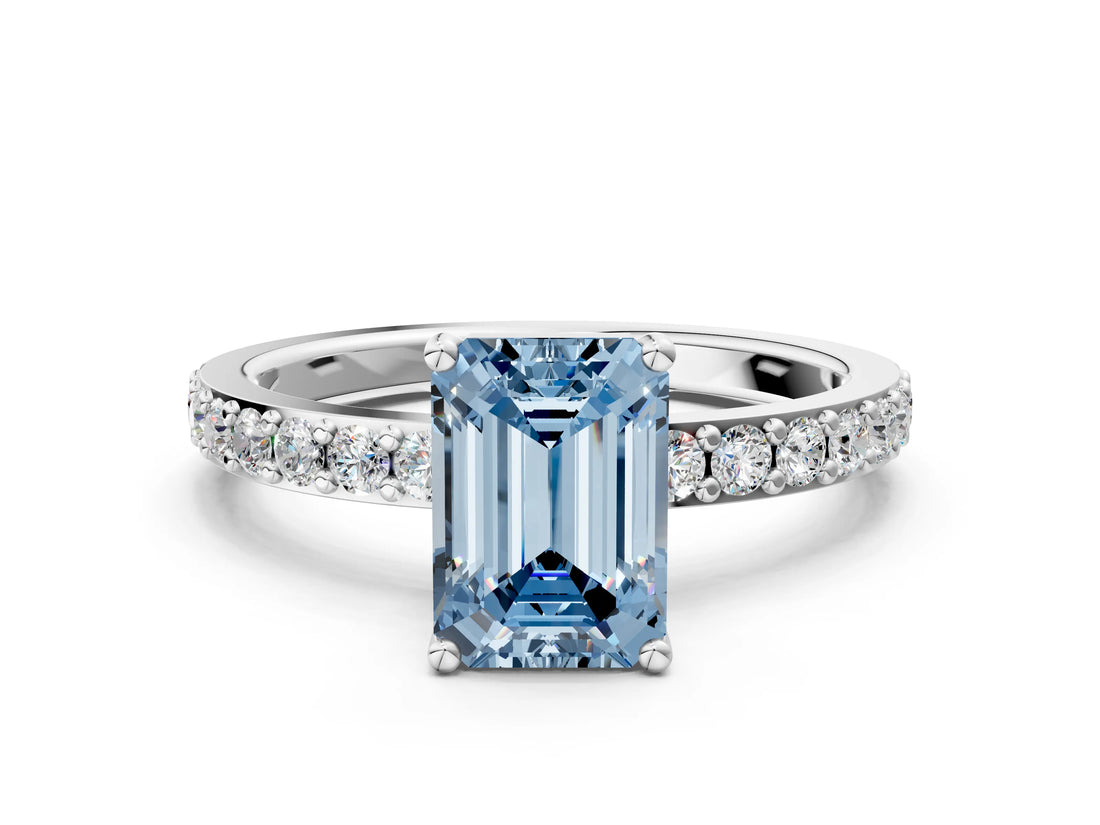 Platinum Fancy Blue Emerald  Cut Diamond Solitaire with Pave Band and Four-Prong Setting
