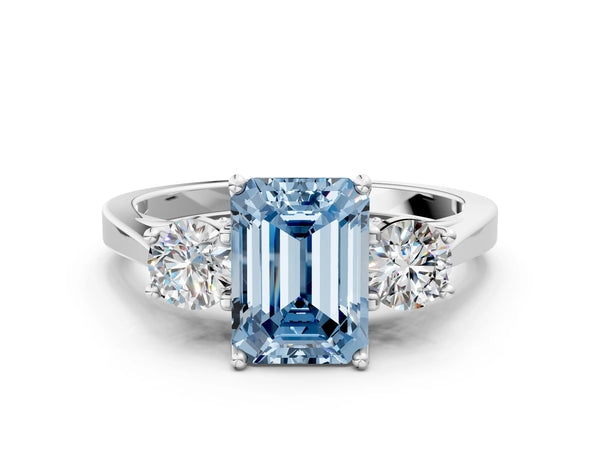Platinum Fancy Blue Emerald Cut Diamond Three-Stone Engagement Ring with Prong Setting and Pavé Band