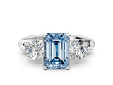 Platinum Fancy Blue Emerald Cut Diamond Three-Stone Ring with Prong Setting and Pavé Band_6