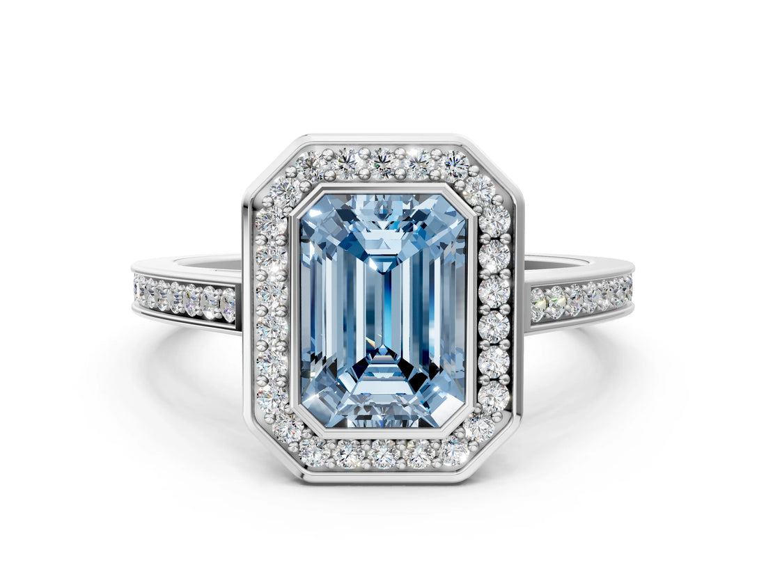 Platinum Fancy Blue Emerald Cut Halo Bezel Diamond Pave Band Ring_6