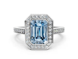 Platinum Fancy Blue Emerald Cut Halo Bezel Diamond Pave Band Ring_6