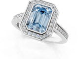 Platinum Fancy Blue Emerald Cut Halo Bezel Diamond Pave Band Ring_7