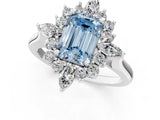 Platinum Fancy Blue Emerald Cut Halo Diamond Cluster Ring with Marquise and Round Stones on a White Gold Band with Prong Setting_1