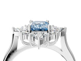 Platinum Fancy Blue Emerald Cut Halo Diamond Cluster Ring with Marquise and Round Stones on a White Gold Band with Prong Setting_4
