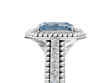 Platinum Fancy Blue Emerald Cut Halo Diamond Ring with Beaded Split Shank and Four-Prong Setting_11