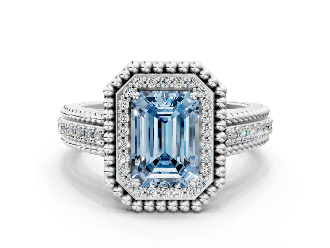 Platinum Fancy Blue Emerald Cut Halo Diamond Ring with Beaded Split Shank and Four-Prong Setting_6