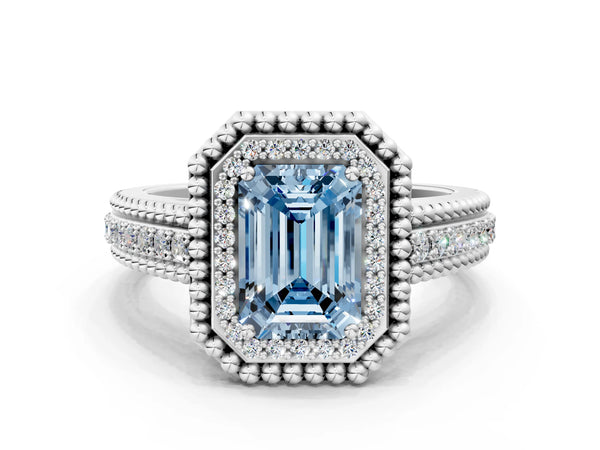 Platinum Emerald Cut Beaded Halo Engagement Ring Setting for Fancy Blue Center with Pave