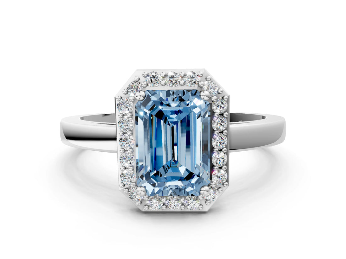 Platinum Fancy Blue Emerald Cut Halo Diamond Ring with Solitaire Band and Prong Setting_48