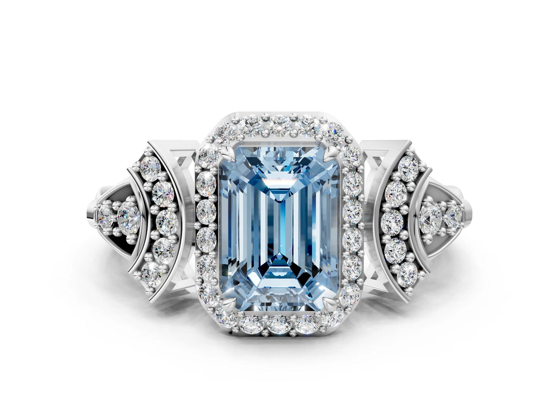 Platinum Fancy Blue Emerald Cut Halo Diamond Split Shank Engagement Ring with Four-Prong Setting_6
